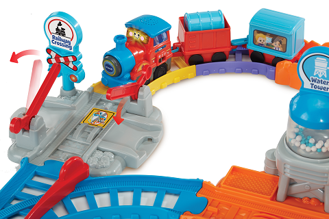 Play with manipulative play track splitters to change the track and explore various locations on the playset.